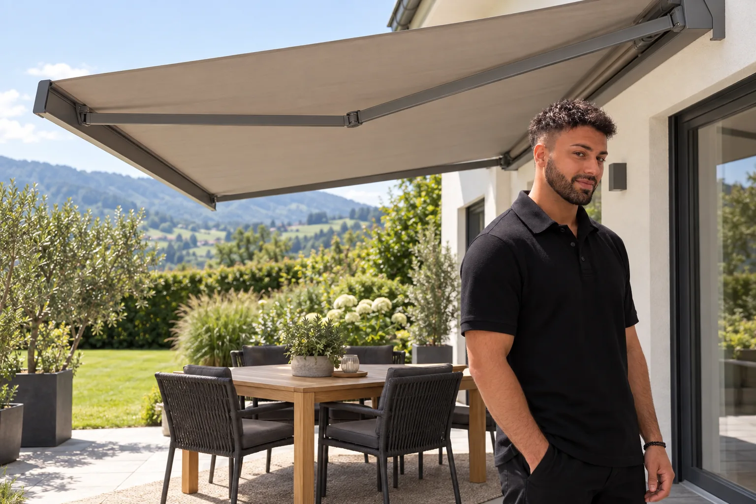 Hannes Punz auf einer Terrasse unter einer Gelenkarmmarkise